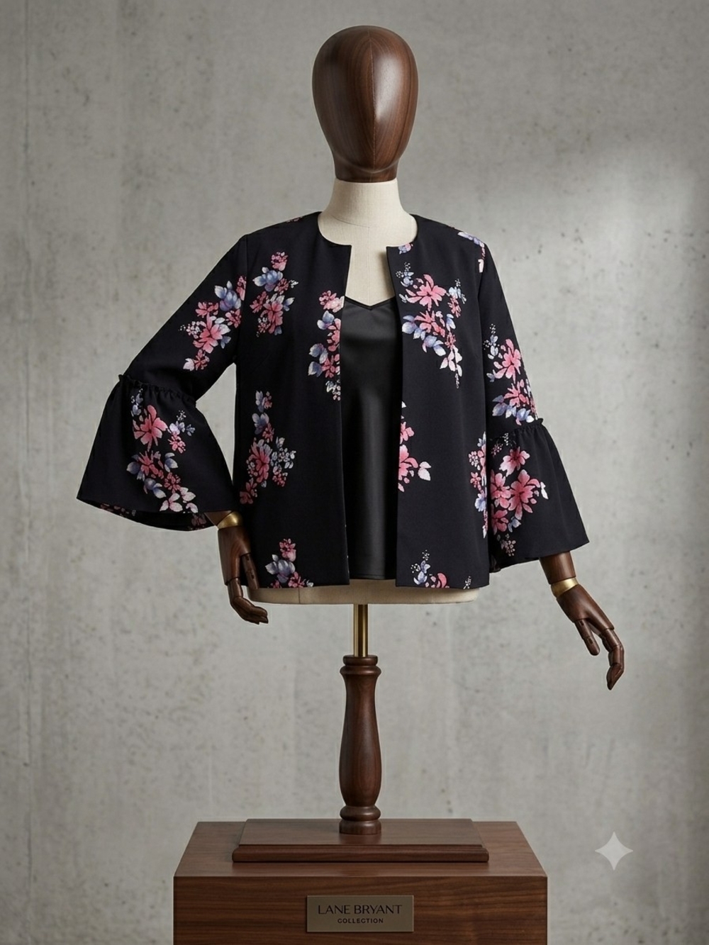 Lane Bryant Black Floral Bell-Sleeve Jacket